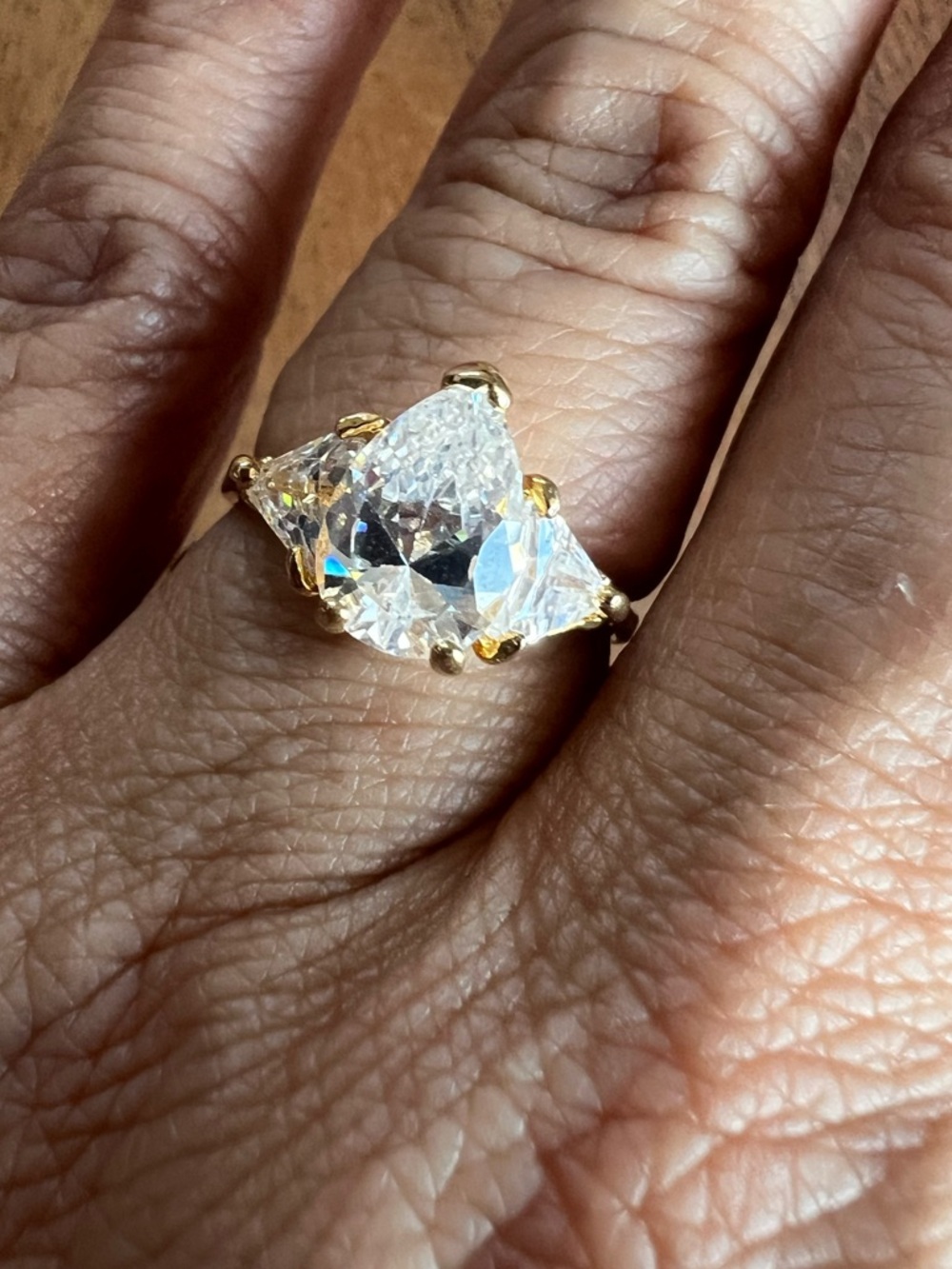 Gold Tone CZ Pear Cut Three Stone Ring Elegant Statement 18K HGE Size 4, 7, 7.5